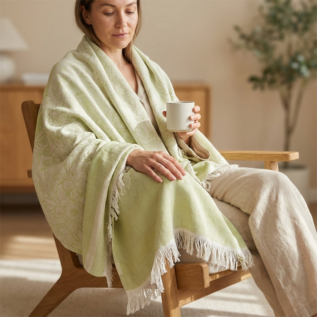 A woman sits in a wooden armchair in a softly lit room, wrapped in a light sage green and cream floral jacquard throw blanket with tassels, and a subtle tonal floral pattern. She holds a white mug.