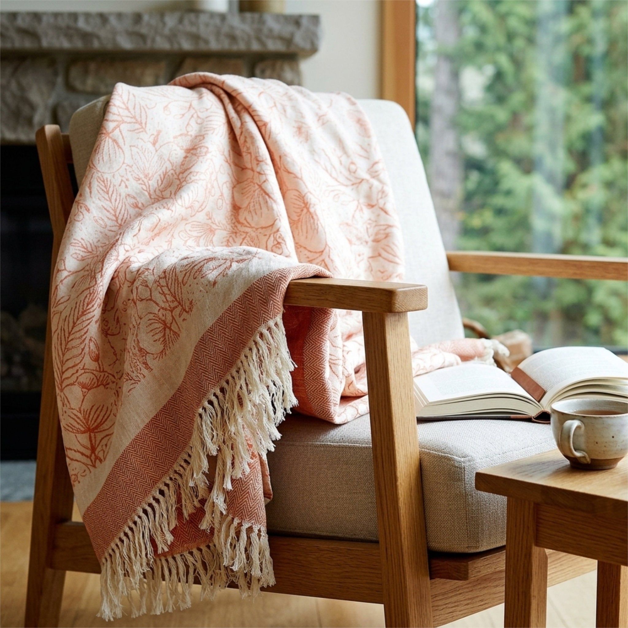 A rust and cream floral jacquard throw blanket with tassels is draped over a light wood armchair in a cozy room setting with a stone fireplace, window view, and a small side table with a mug from Hem And Tassel 