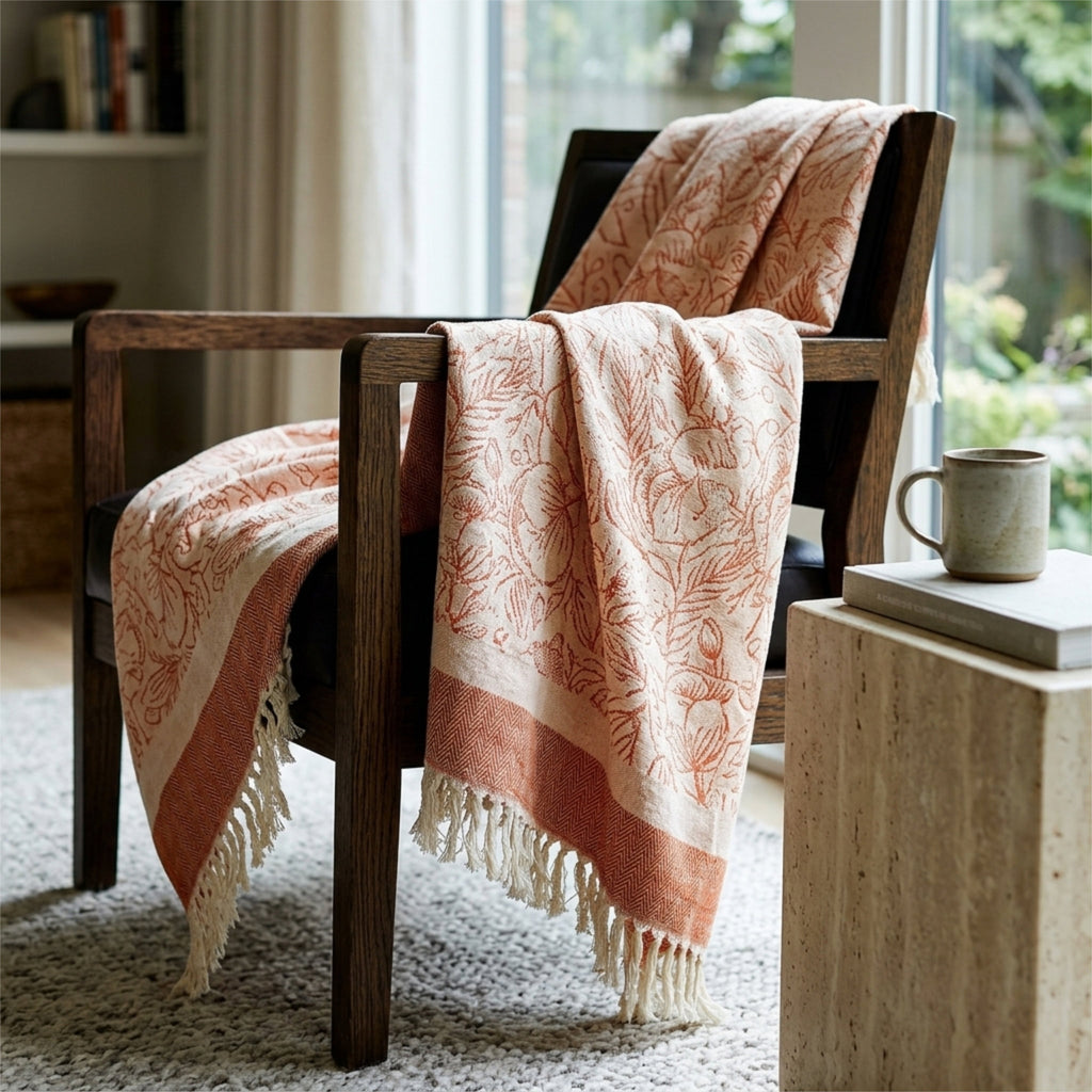 A woven throw blanket with a rust and cream floral jacquard throw blanket with tassels is draped over a dark wooden armchair in a bright, modern living room setting from Hem And Tassel 