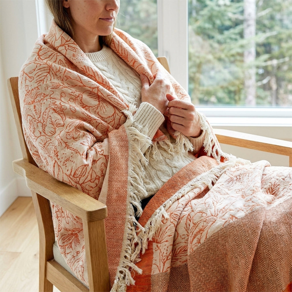 A woman sits in a wooden chair wrapped in a rust and cream jacquard throw blanket with tassels, next to a window showing a forest view from Hem And Tassel 