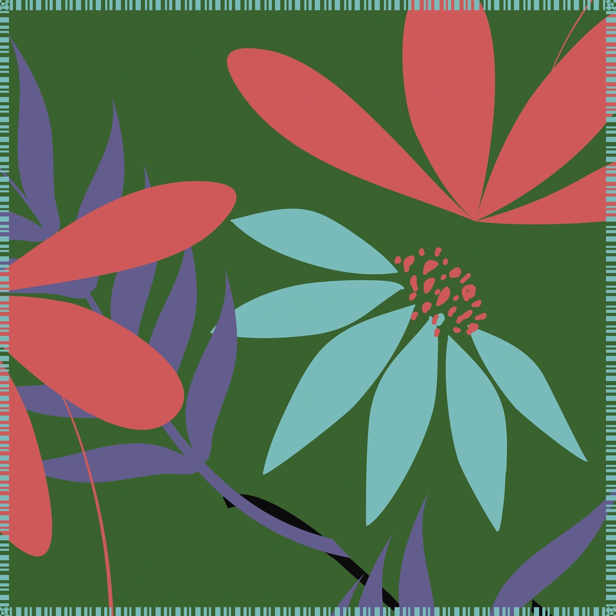 Green and pink  'pollen up' design dinner napkin of pure cotton by Hem And Tassel opened up fully with decorative edge treatment