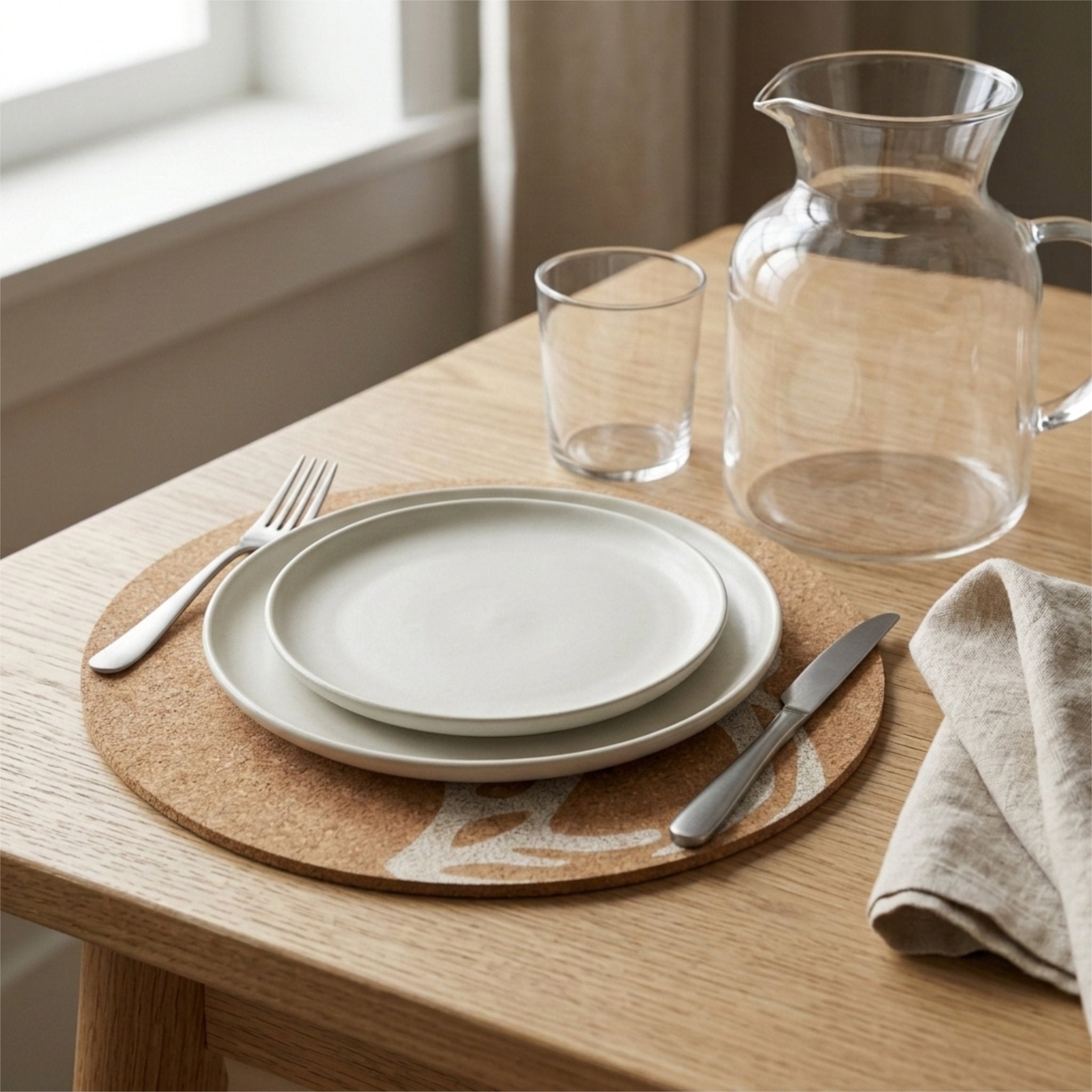 A place setting on a light wood table featuring two stacked matte white ceramic plates on a round cork placemat, alongside a clear glass tumbler, a clear glass carafe, silver-toned cutlery, and a beige linen napkin from Hem And Tassel 