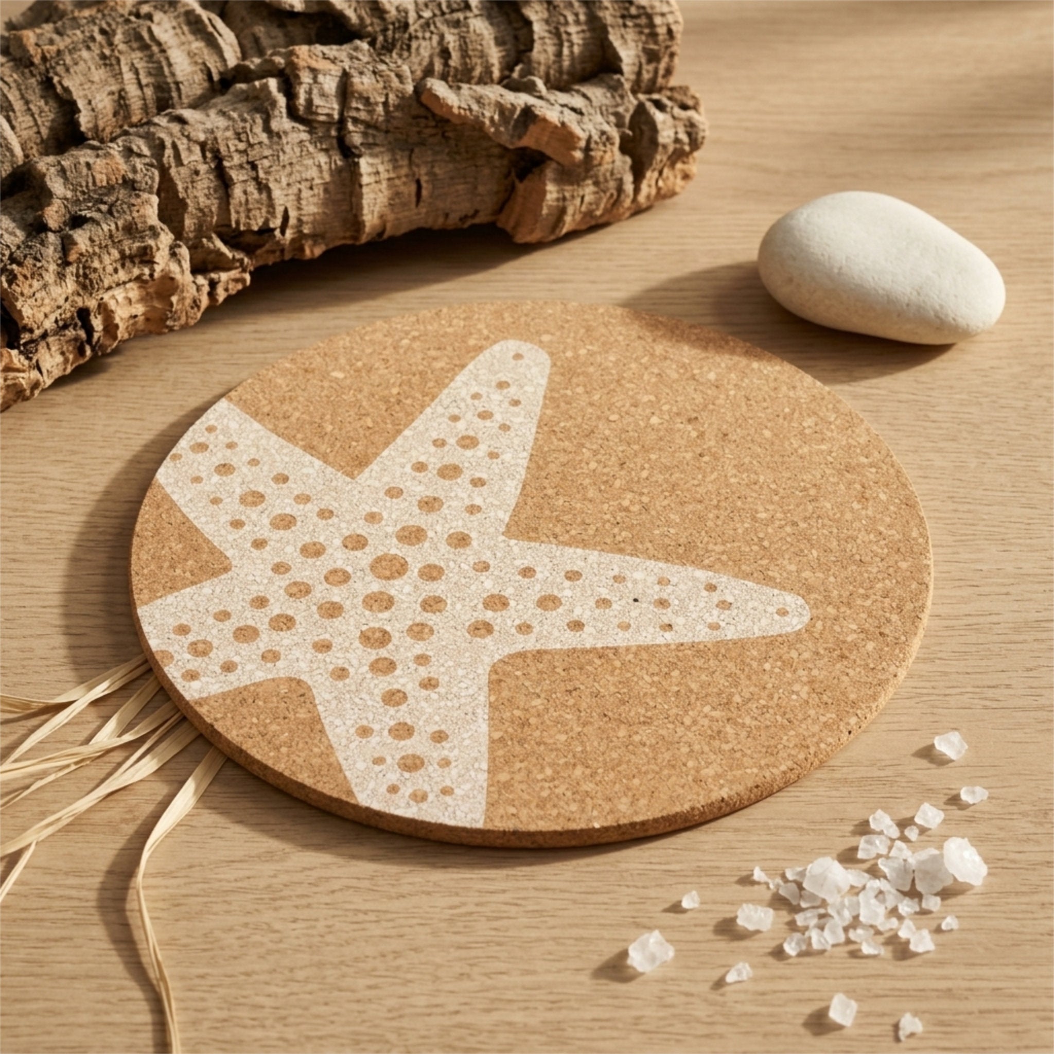 A round cork dining placemat featuring a white starfish design, styled on a light wood surface with driftwood, a white pebble, and small white shell pieces from Hem And Tassel 