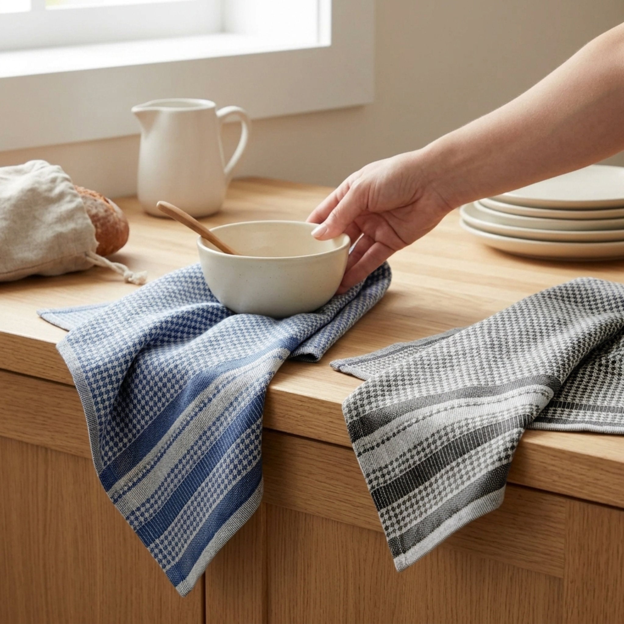 Torchons plats en jacquard éponge à motif pied-de-poule (lot de 2)