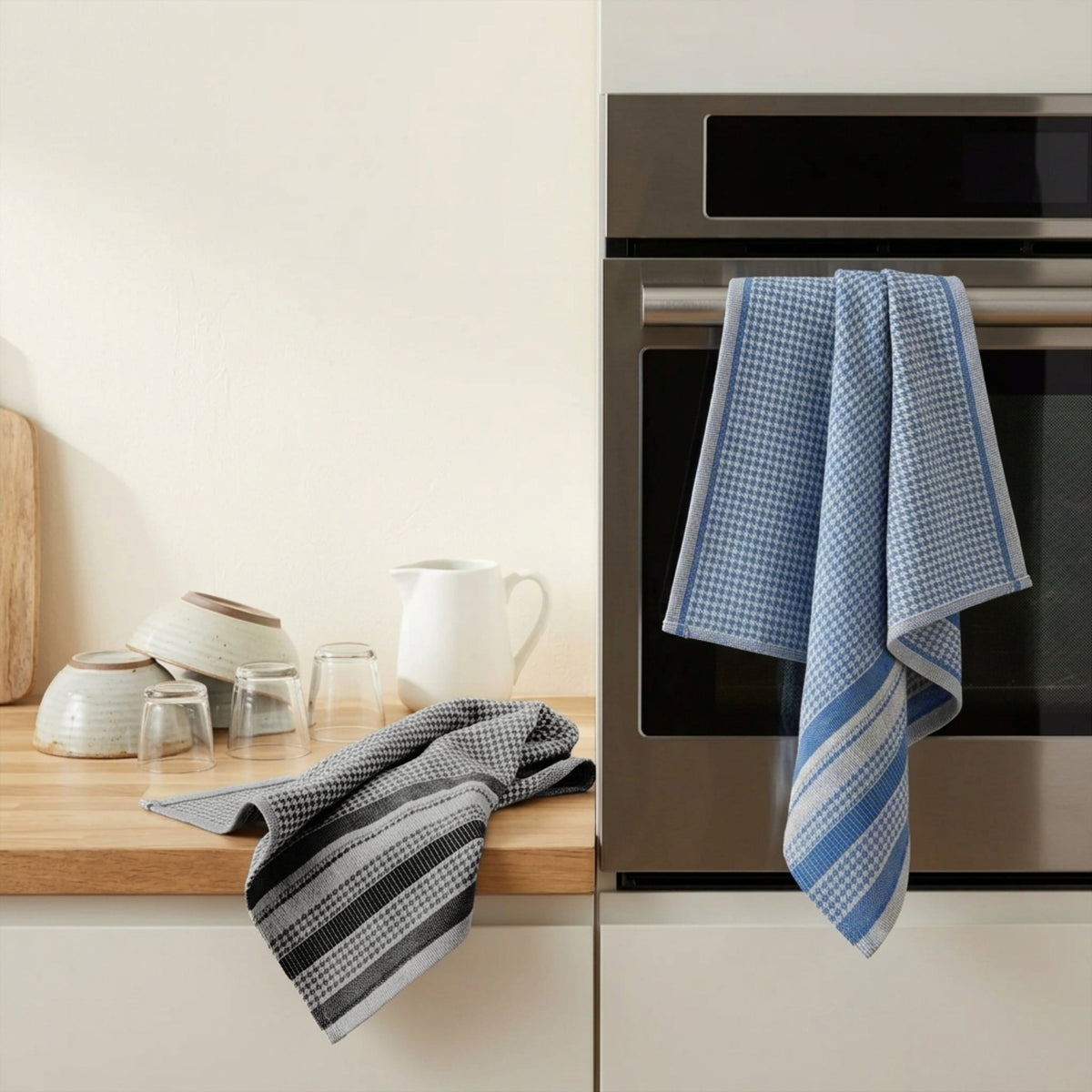 Torchons plats en jacquard éponge à motif pied-de-poule (lot de 2)