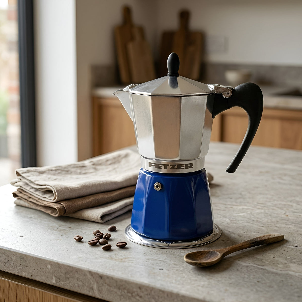 blue dolce induction moka pot on counter with spoon and some coffee beans