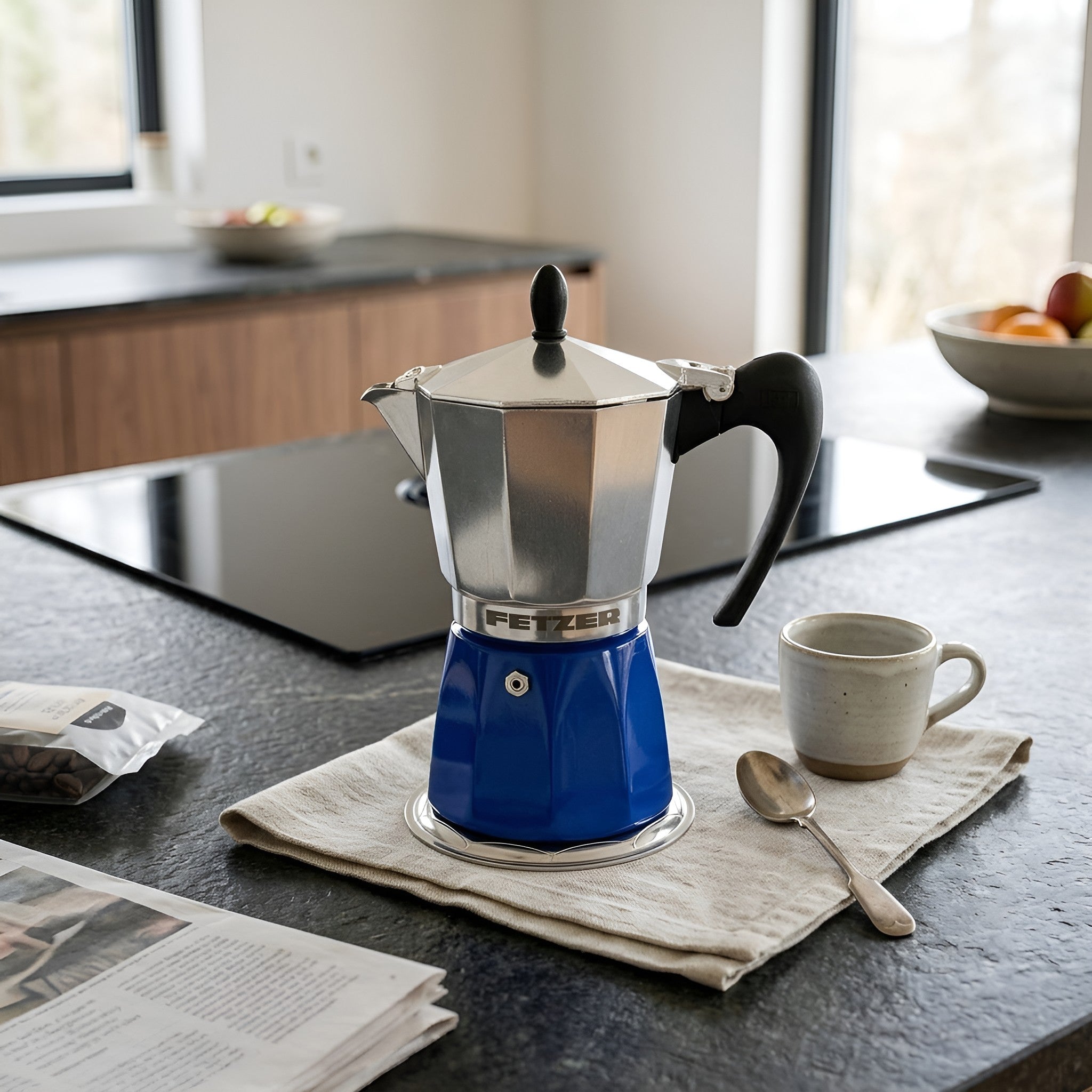 Induction Moka Pot blue on napkin from Hem And Tassel 