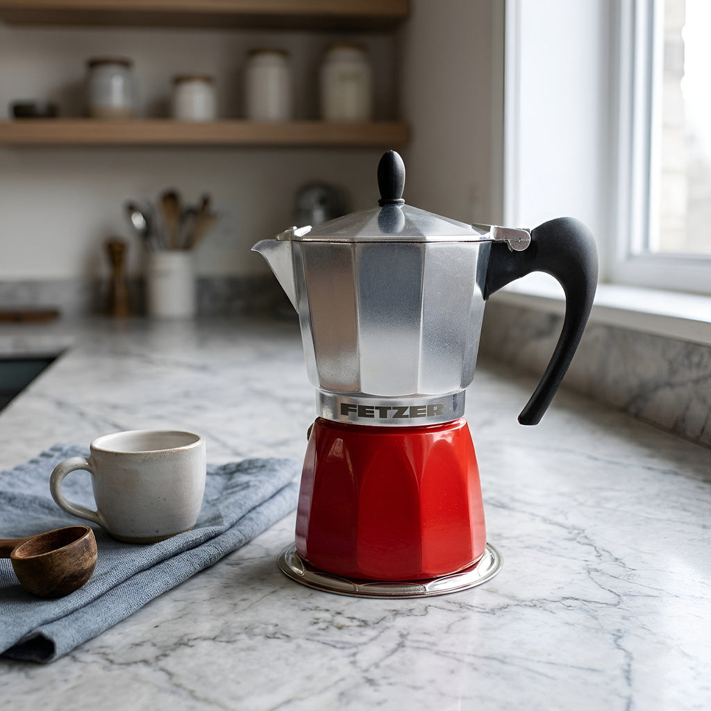 A red and silver aluminum moka pot coffee maker sits on a gray marble kitchen countertop next to a ceramic mug on a blue cloth, with wooden shelves and a window in the background from Hem And Tassel