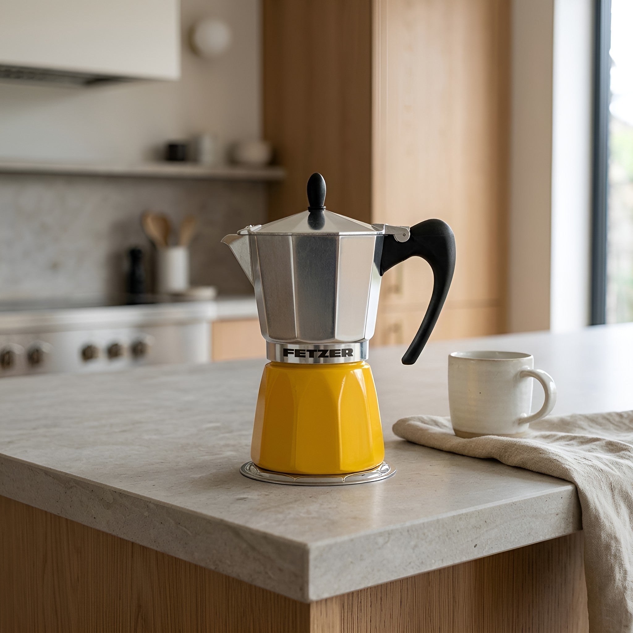 A FETZER moka pot espresso maker with a bright yellow base and silver upper chamber sits on a light gray stone kitchen island, next to a white ceramic mug on a beige cloth from Hem And Tassel