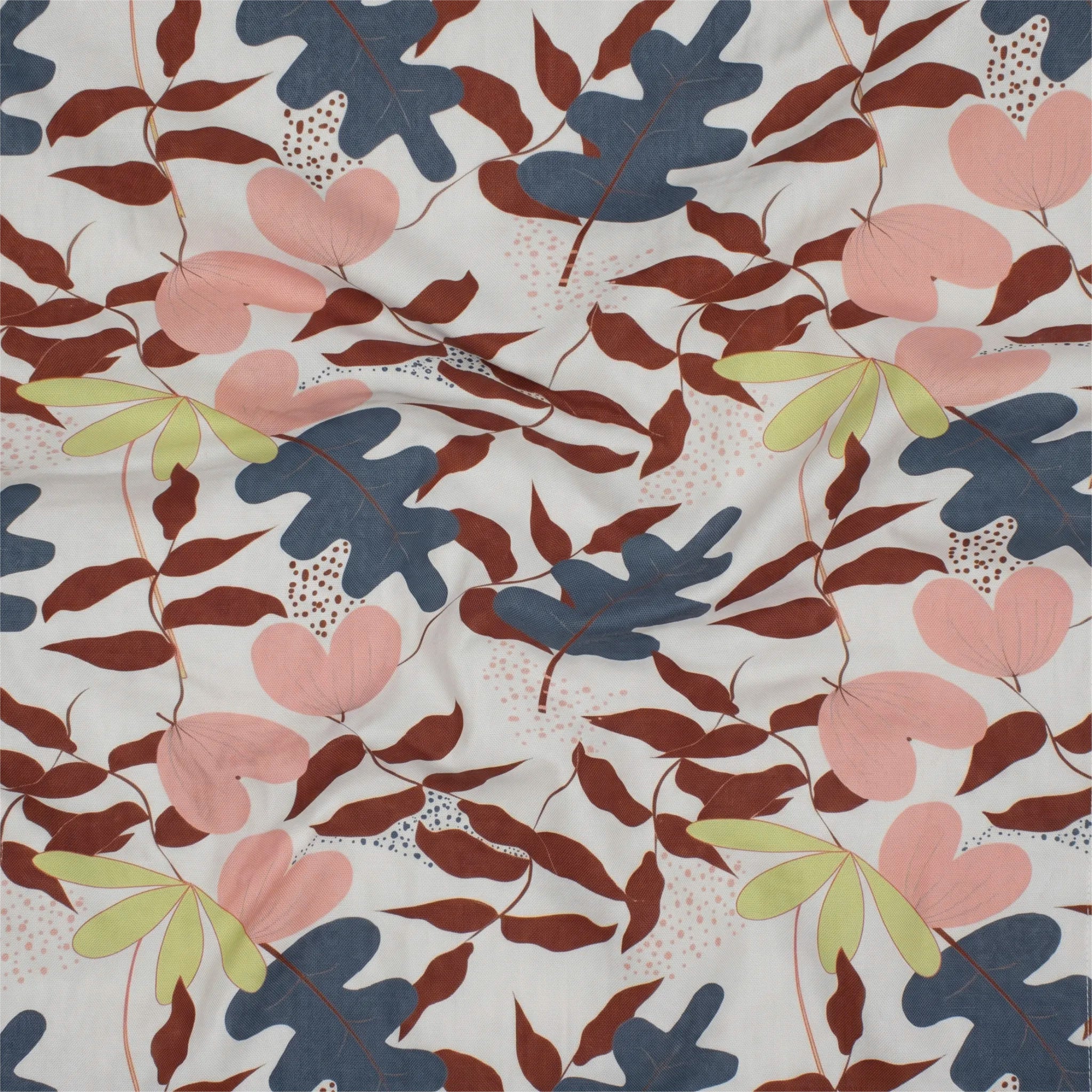 A close-up of a patterned cotton kitchen towel featuring stylized botanical leaves and heart-shaped flowers in dusty pink, slate blue, rust brown, and pale yellow-green on an off-white background.