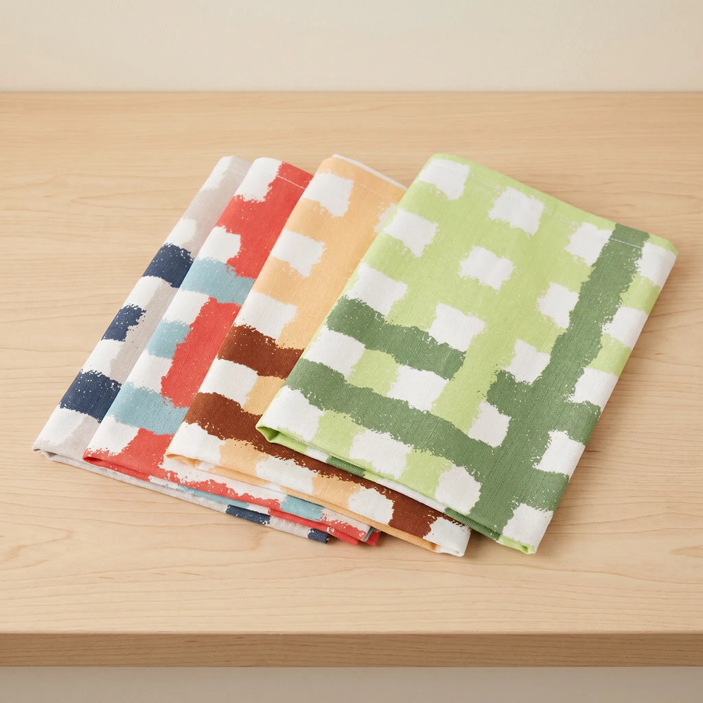 four cotton kitchen towel in colorful checkered pattern on a wooden surface from Hem And Tassel 