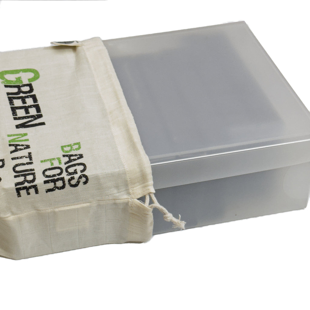 Clear plastic box which fits inside a drawstring bag labeled 'Green Nature Bags For' on a white background from Hem And Tassel 