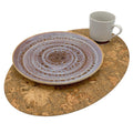 decorative bark peel oval cork placemat with ceramic plate and cup on it - from Hem And Tassel