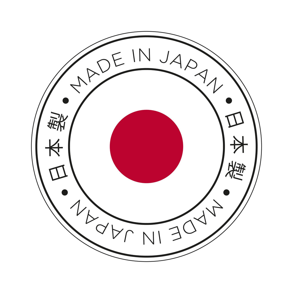Circular badge with 'Made in Japan' text and a red dot in the center on a white background