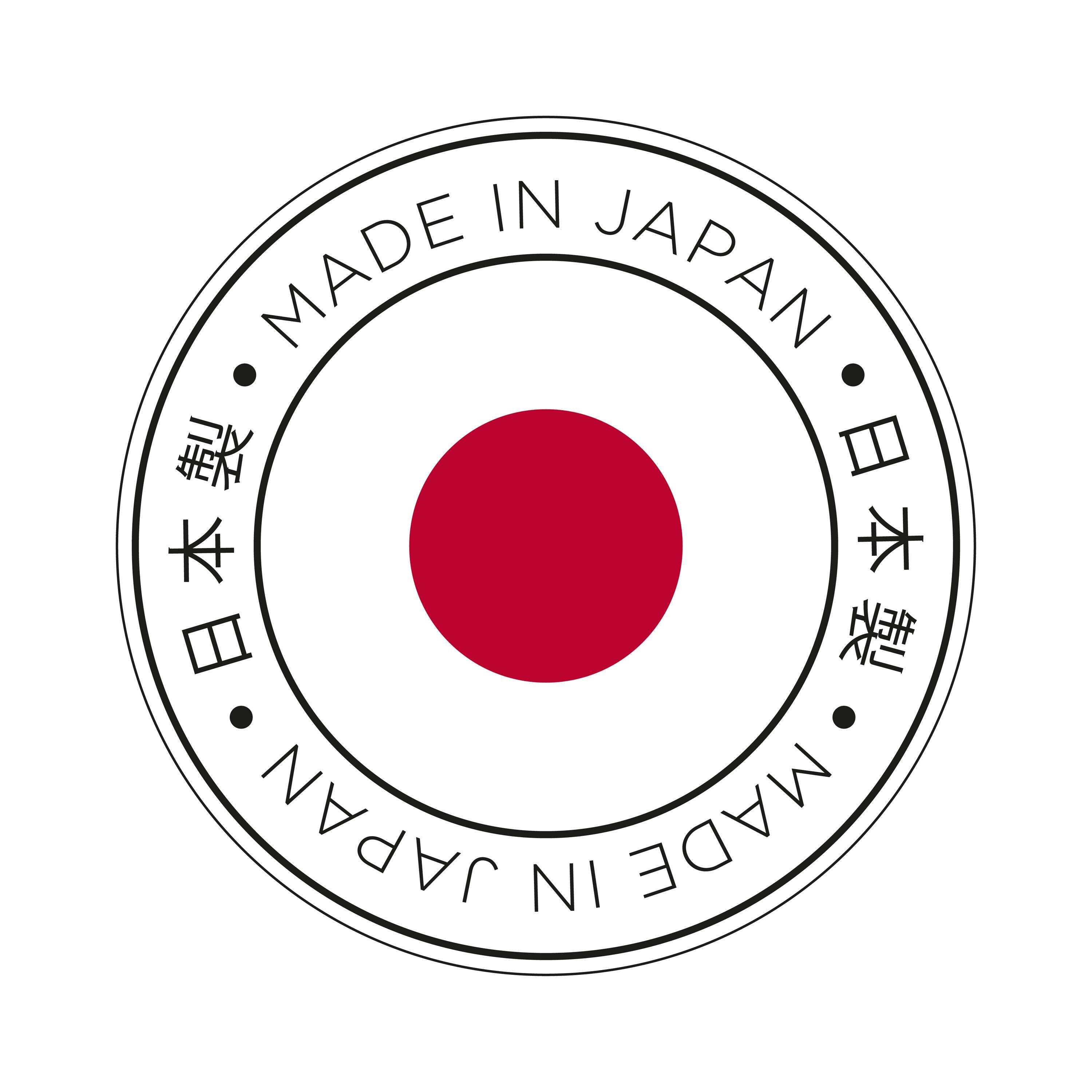 Circular badge with 'Made in Japan' text and a red dot in the center on a white background