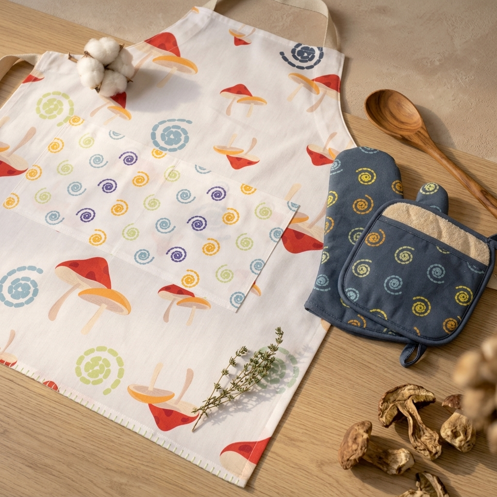 A white kitchen apron with a colorful mushroom and swirl print is laid flat on a wooden surface, styled with a navy blue oven mitt, matching pot holder, wooden spoon, cotton bolls, and dried mushrooms from Hem And Tassel 