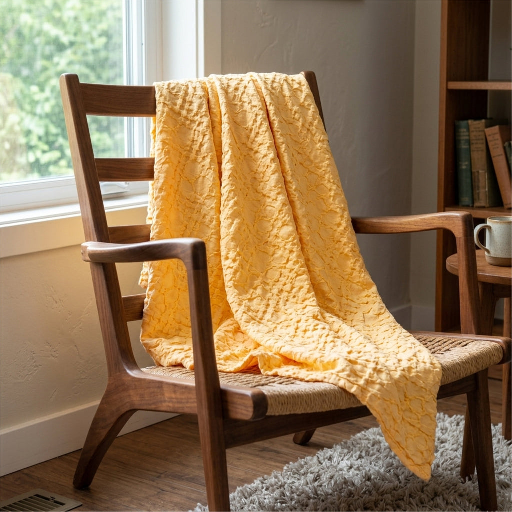 A box waffle mild mango colored woven throw blanket hemmed on four sides, is draped over a mid-century modern wooden armchair in a cozy room setting from Hem And Tassel 