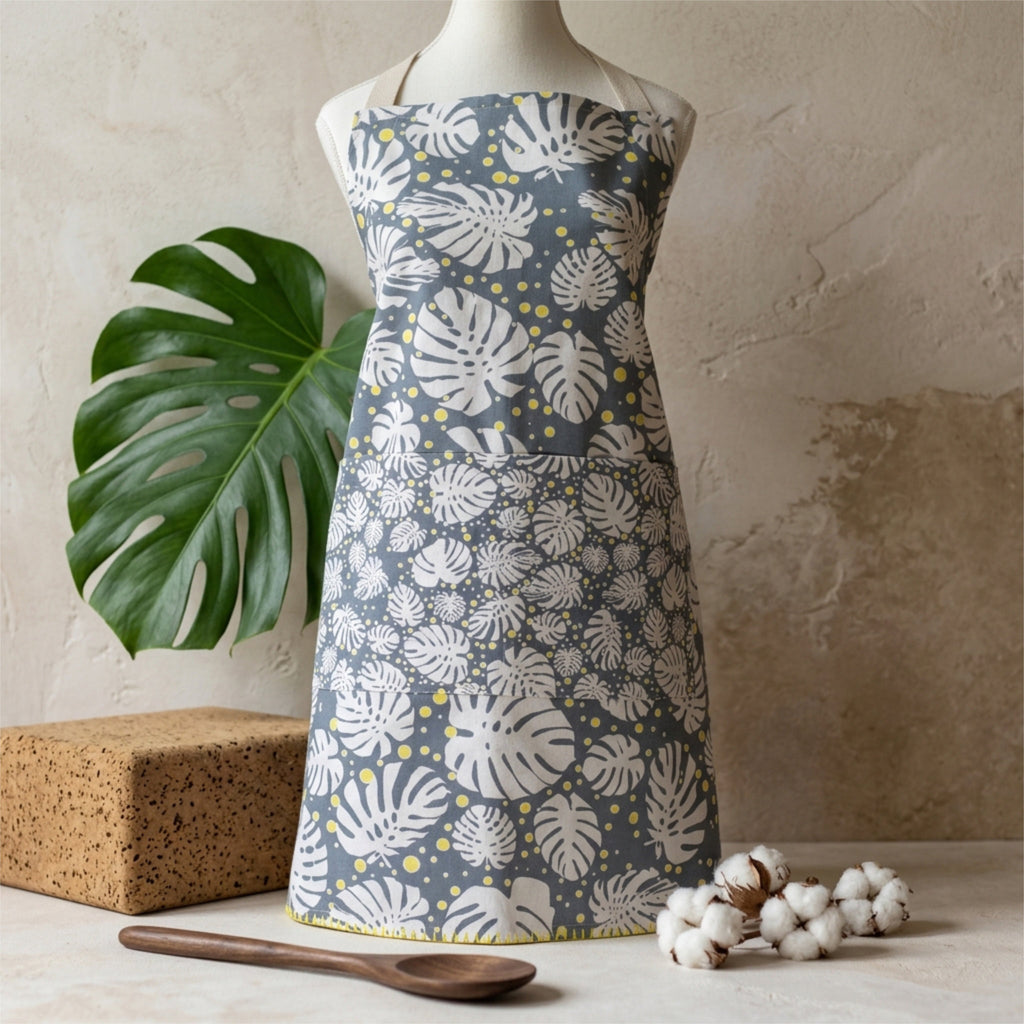 Floral-patterned apron on a mannequin with a leaf and cotton plant in the background