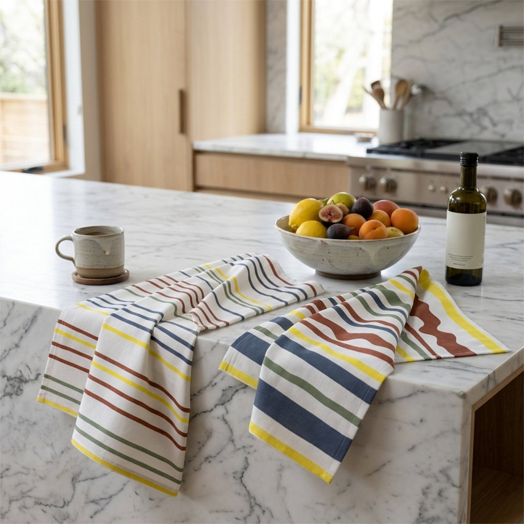 Two striped kitchen towels draped on a white marble kitchen island, with a bowl of fruit, a mug, and a bottle nearby in a bright kitchen setting from Hem And Tassel 