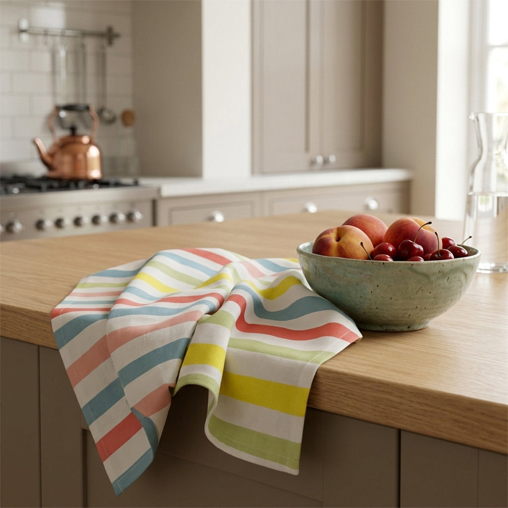 A multicolor striped kitchen towel draped over a wooden countertop in a modern kitchen, next to a bowl of fruit from Hem And Tassel