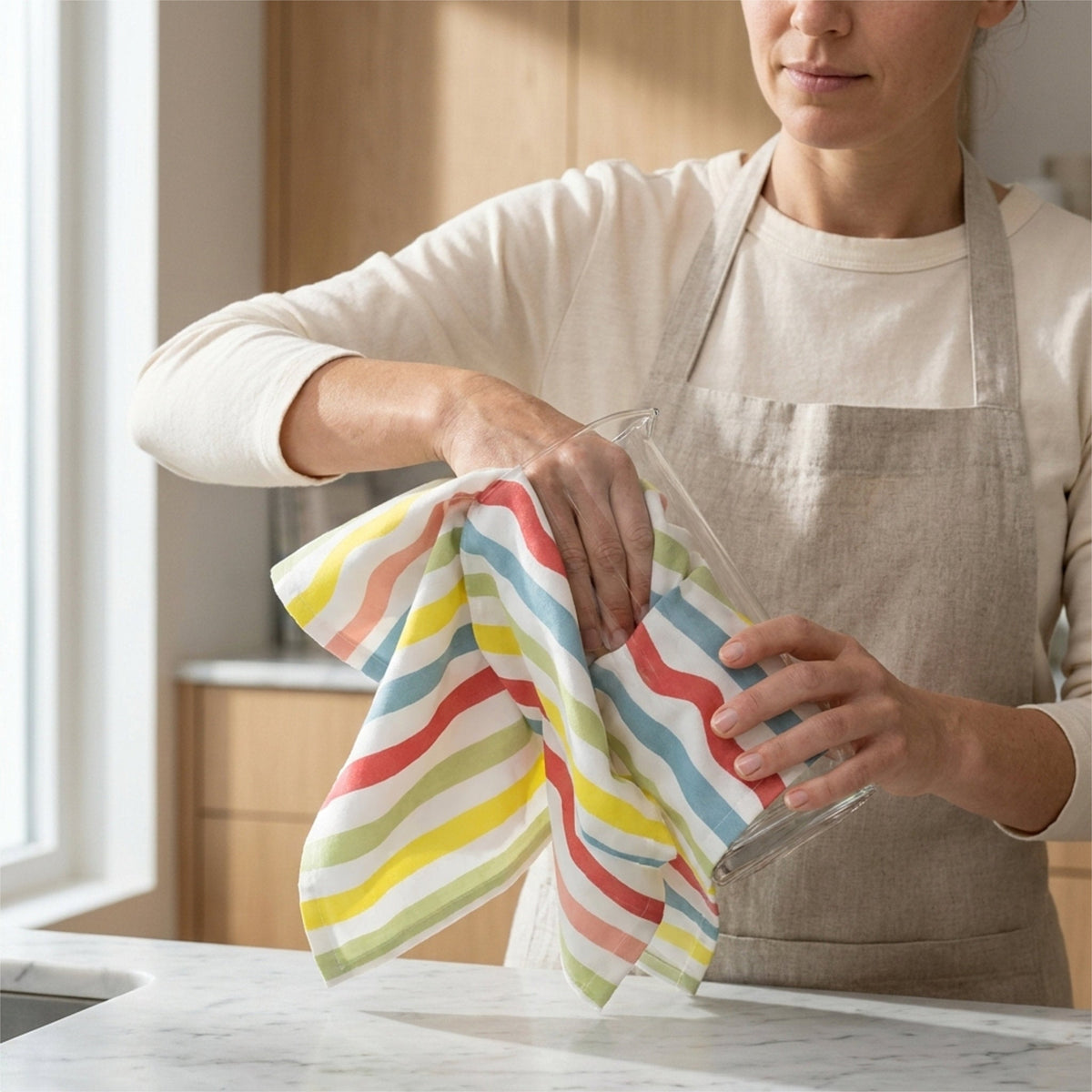 A woman in a beige apron and cream shirt washes a clear glass cup with a white kitchen towel featuring colorful wavy stripes in red, yellow, green, blue, and pink, set in a bright kitchen from Hem And Tassel