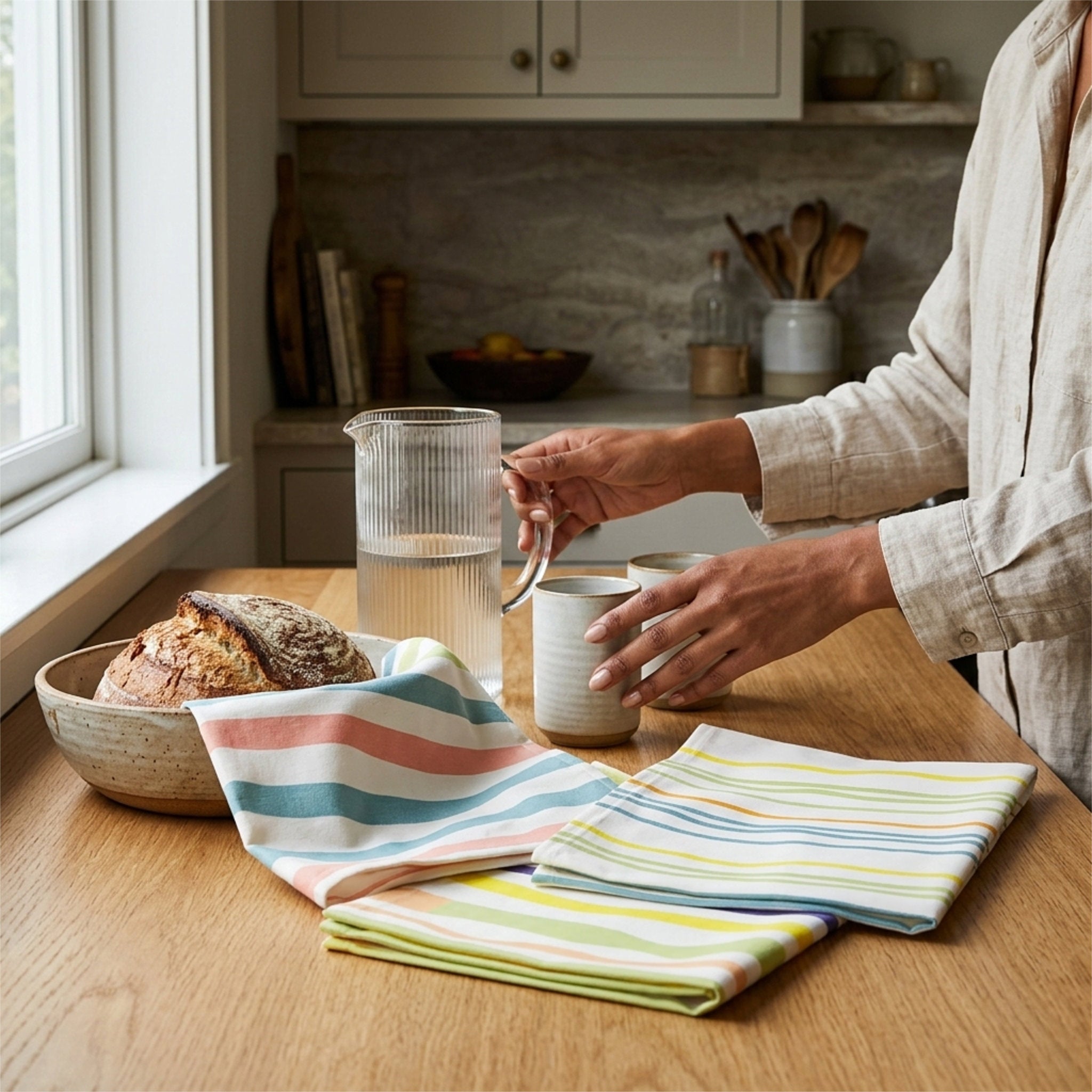 A person in a kitchen setting pours water from a glass pitcher into two small ceramic cups placed on a wooden table. Folded striped kitchen towels in pastel colors are spread on the table, along with a bowl of bread from Hem And Tassel 