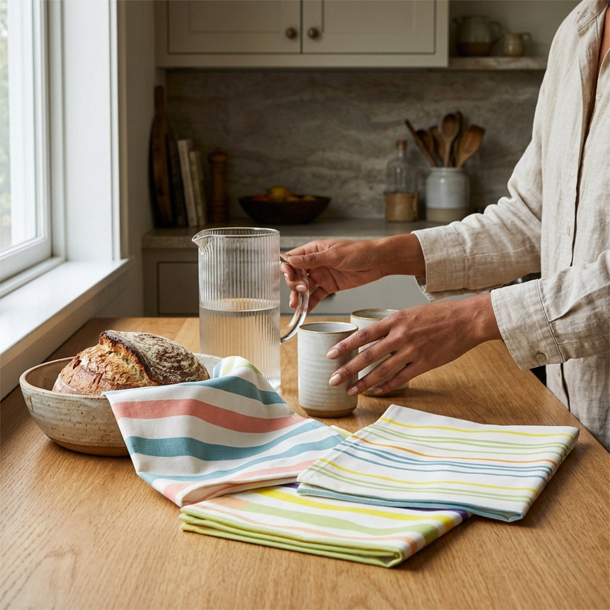 A person in a kitchen setting pours water from a glass pitcher into two small ceramic cups placed on a wooden table. Folded striped kitchen towels in pastel colors are spread on the table, along with a bowl of bread from Hem And Tassel