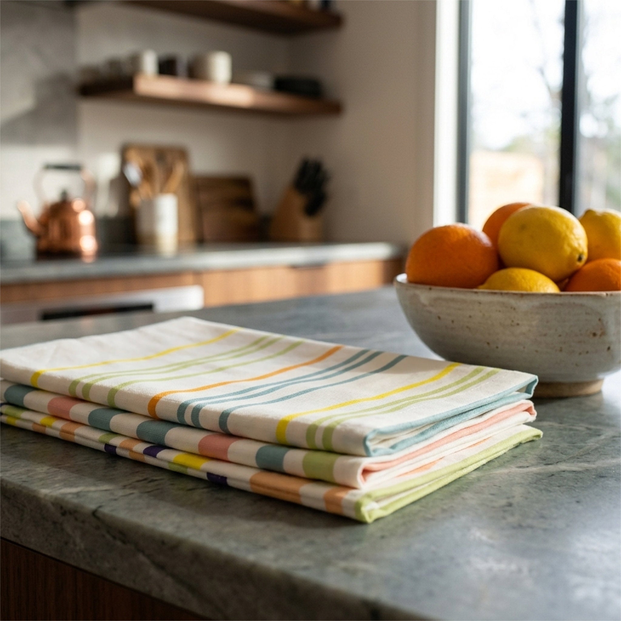 A stack of folded kitchen towels with pastel multicolor stripes sits on a gray stone countertop in a bright kitchen, with a bowl of lemons in the background from Hem And Tassel 