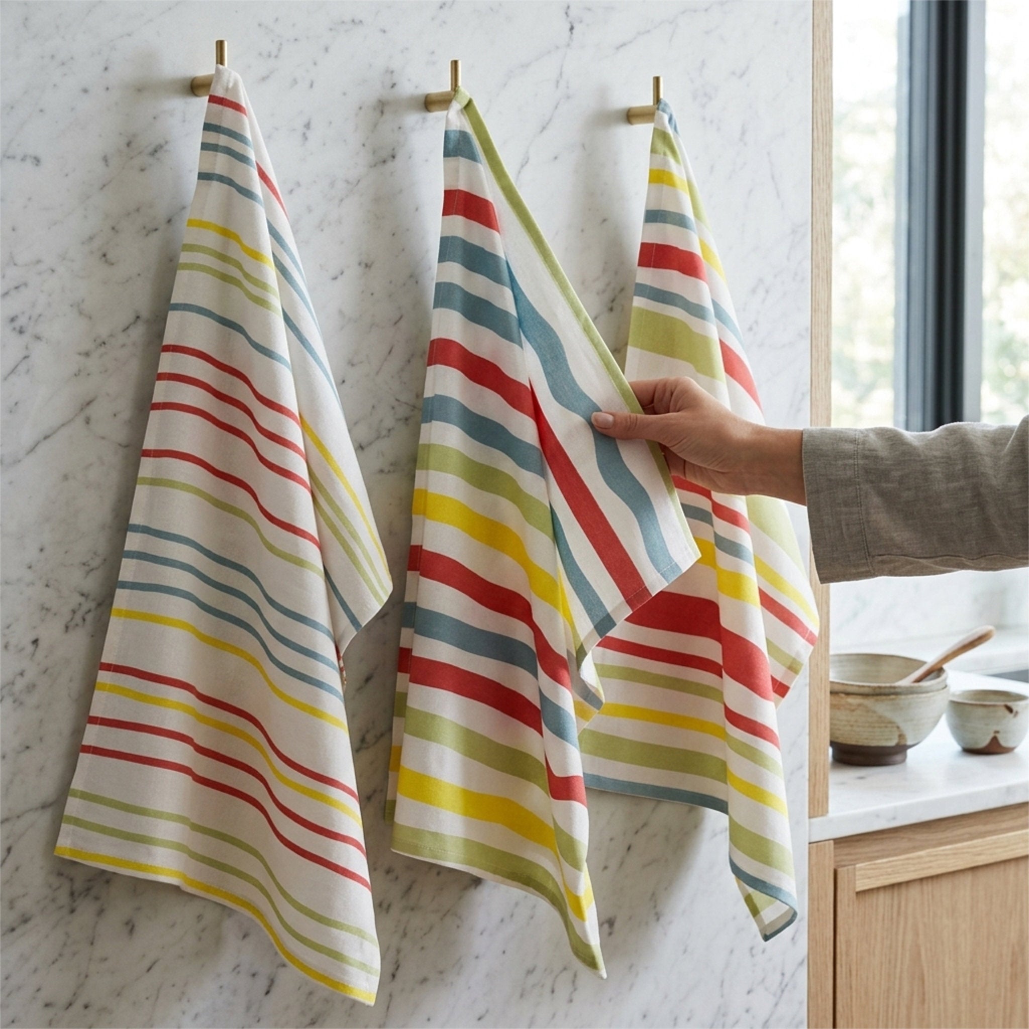 Three striped kitchen towels hanging on brass hooks on a white marble wall, with a hand holding the center towel. The towels feature multicolor horizontal stripes in red, yellow, blue, and green on a white background from Hem And Tassel 