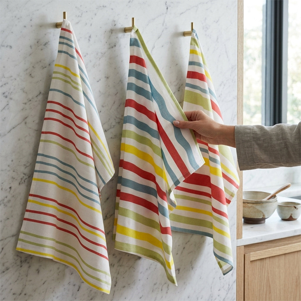 Three striped kitchen towels hanging on brass hooks on a white marble wall, with a hand holding the center towel. The towels feature multicolor horizontal stripes in red, yellow, blue, and green on a white background from Hem And Tassel