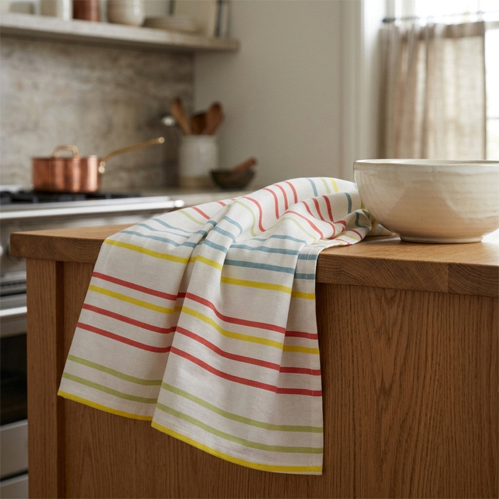 A striped kitchen towel draped over a wooden kitchen counter next to a ceramic bowl, with a blurred kitchen background from Hem And Tassel