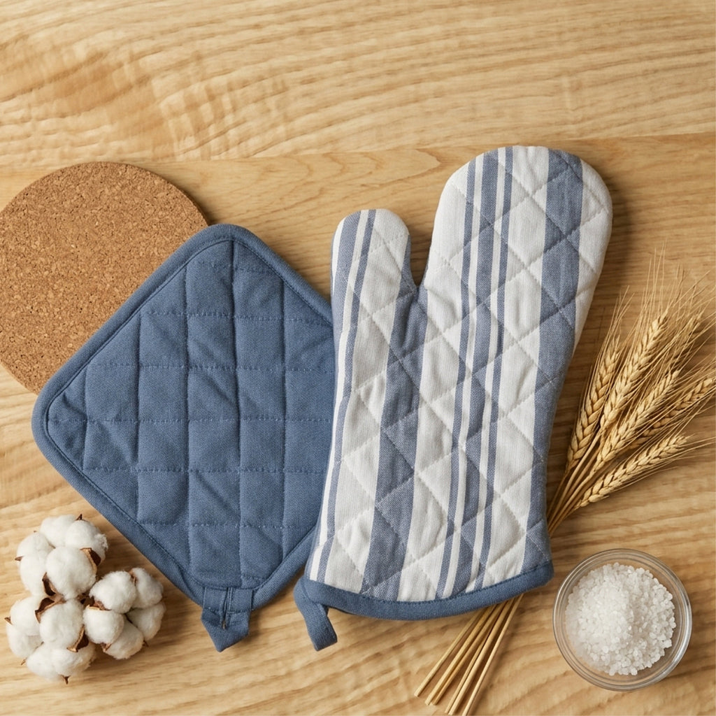 A quilted oven mitt and matching square pot holder in a dusty blue and white striped pattern, styled on a light wood background from Hem And Tassel 