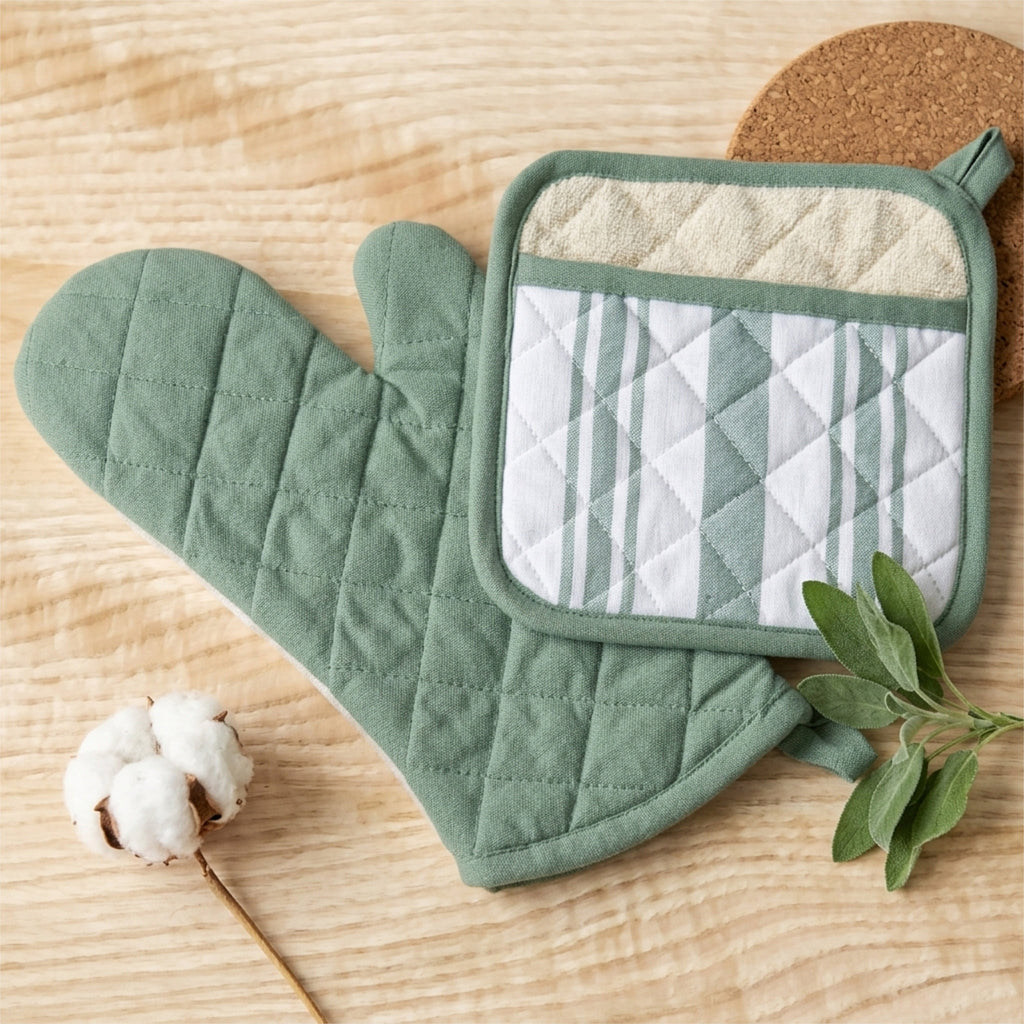 A sage green quilted oven mitt and matching square pot holder with a striped white and sage green pocket, styled on a light wood surface from Hem And Tassel 