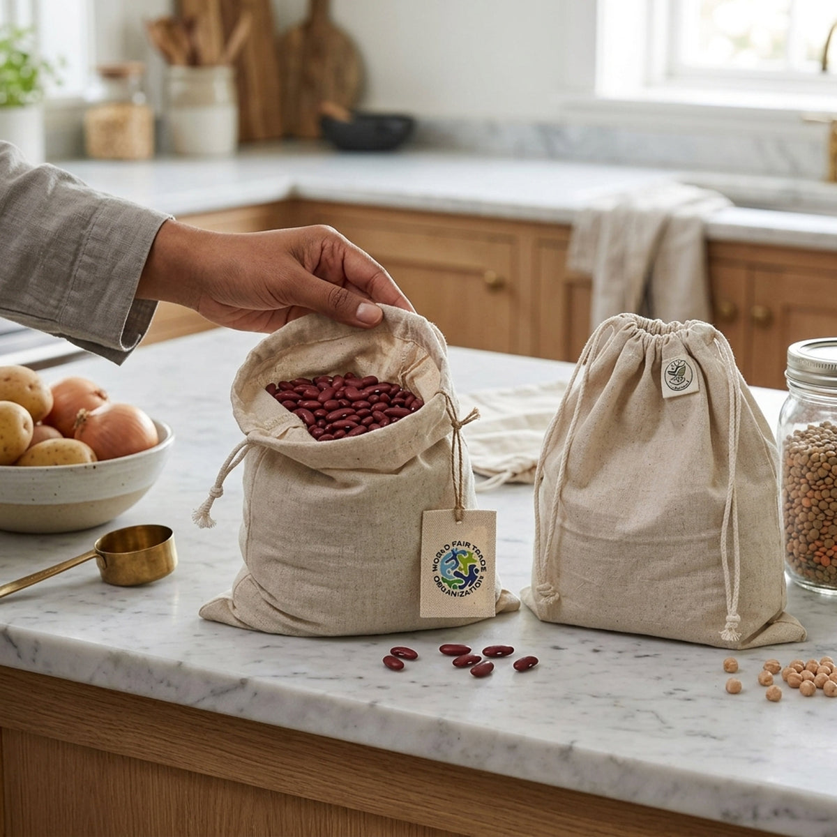 Two natural hemp cotton drawstring storage bags on a marble kitchen counter, one open with red beans spilling out and one closed. A hand is holding the open bag, with a jar of grains and kitchen items in the background from Hem And Tassel 