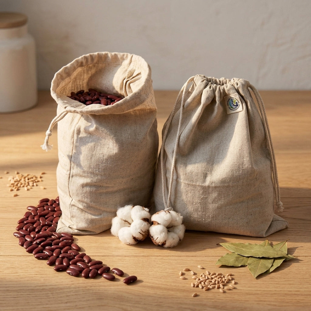 Two natural hemp cotton drawstring storage bags on a wooden table, one filled with red beans and the other empty with a small circular patch on the front, surrounded by loose beans, cotton bolls, and bay leaves from Hem And Tassel 