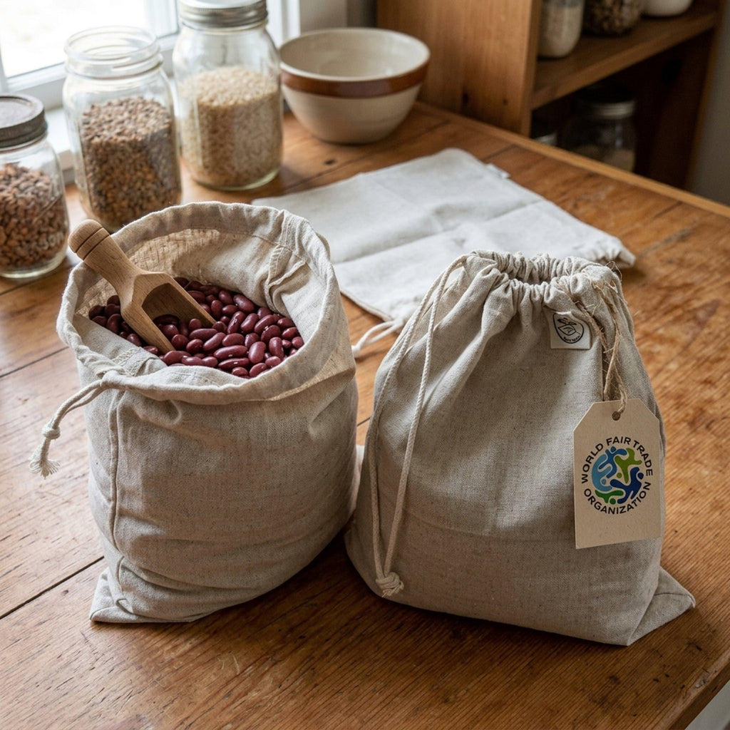 Two natural hemp cotton drawstring bags on a rustic wooden table, one filled with red beans and a wooden scoop, the other empty with a hanging World Fair Trade Organization tag from Hem And Tassel 