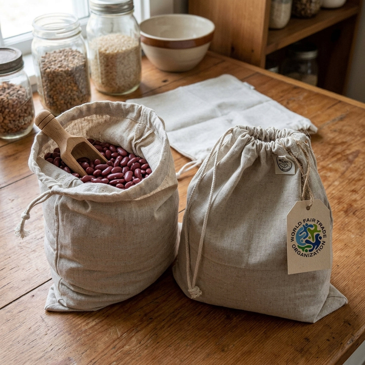 Two natural hemp cotton drawstring bags on a rustic wooden table, one filled with red beans and a wooden scoop, the other empty with a hanging World Fair Trade Organization tag from Hem And Tassel 