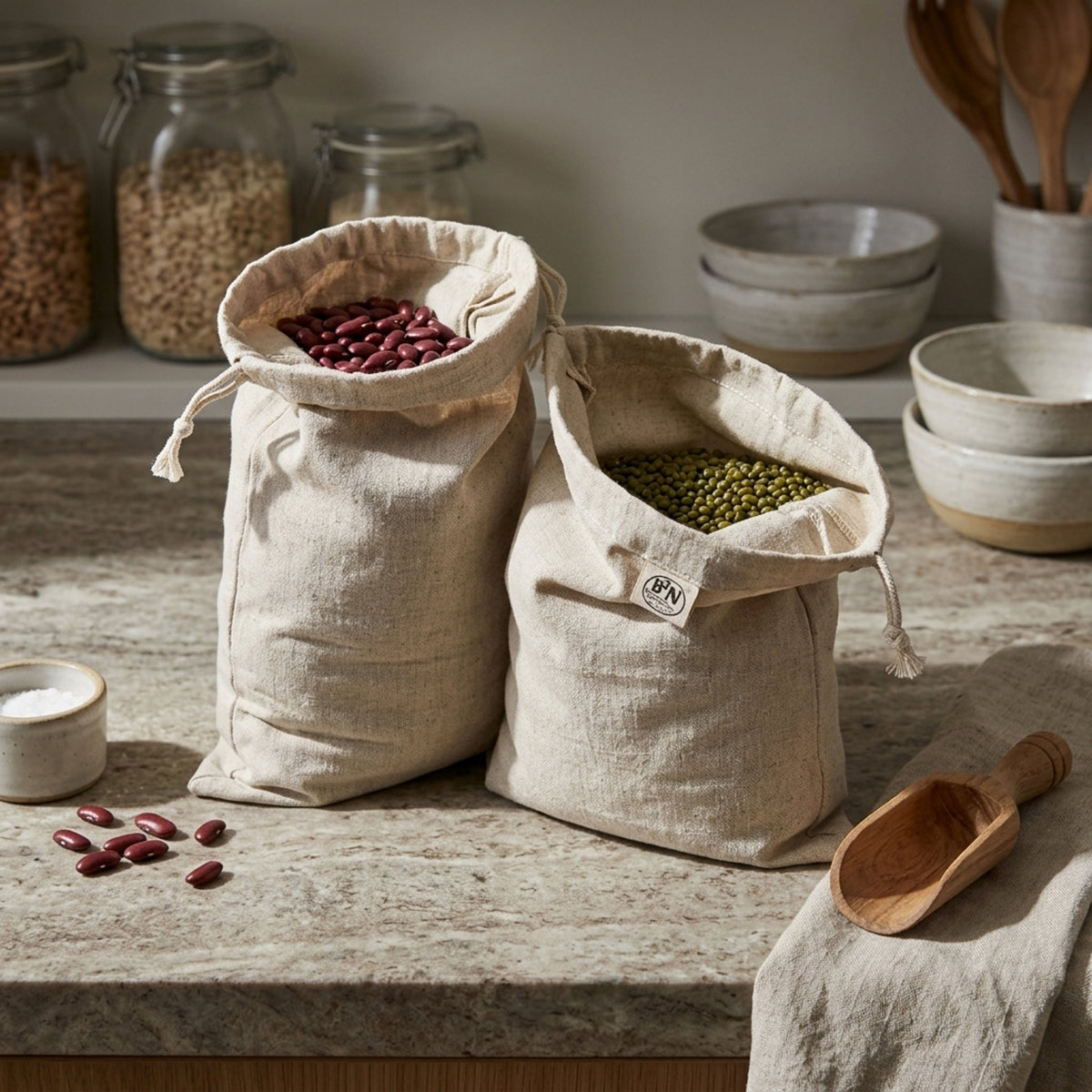 Two natural hemp cotton drawstring storage bags filled with red beans and green mung beans on a stone countertop, with bowls, jars, and a wooden scoop in a kitchen setting from Hem And Tassel 