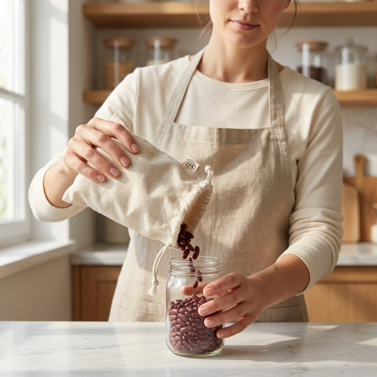 A woman wearing a beige apron pours red beans from a small natural hemp cotton drawstring pouch into a clear glass jar on a kitchen counter from Hem And Tassel 