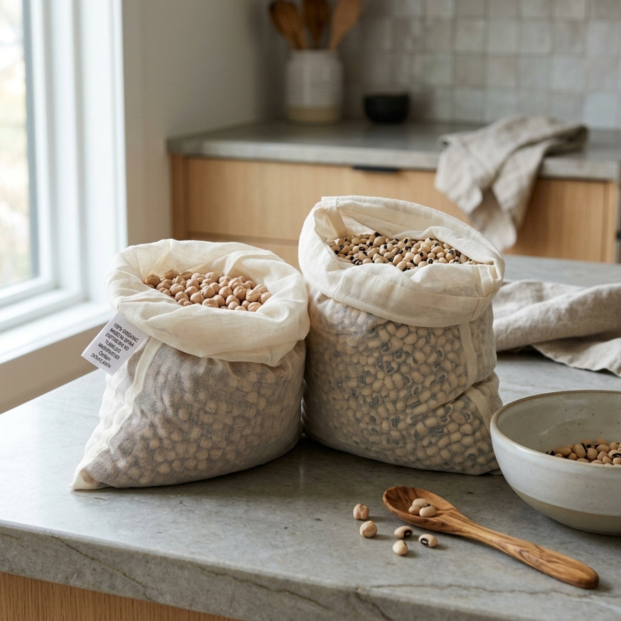 Two open ultra fine organic cotton bags filled with dried chickpeas sit on a light stone countertop in a kitchen setting, with a small bowl and wooden spoon nearby from Hem And Tassel 