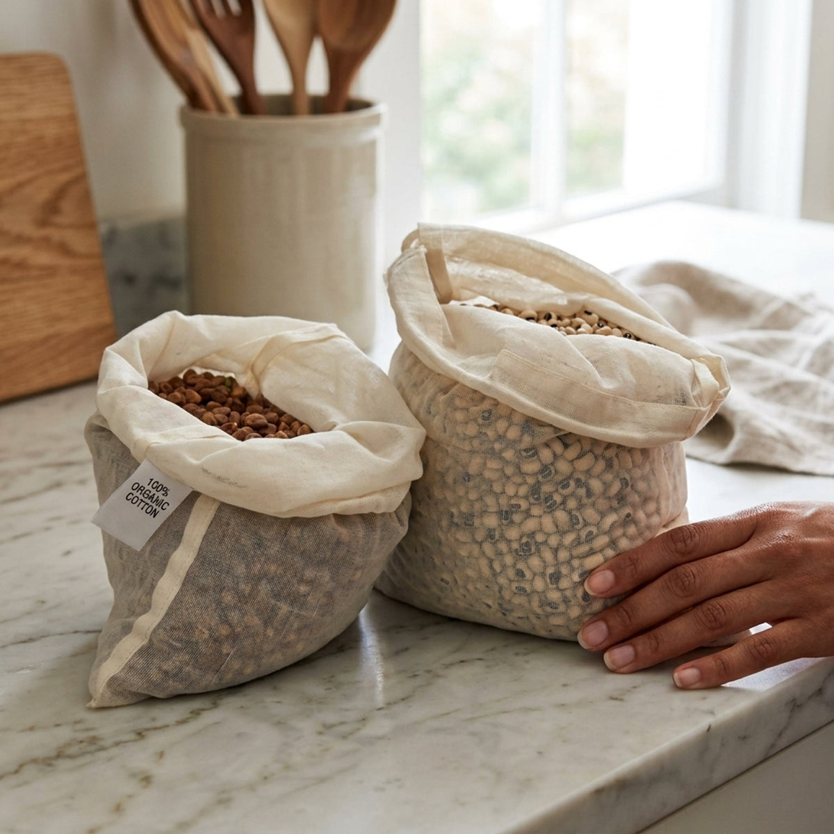 Two open fine cotton storage bags filled with dried beans or grains sit on a marble kitchen counter, with a person's hand resting on the larger bag. A ceramic container of wooden utensils and a window are blurred in the background from Hem And Tassel 