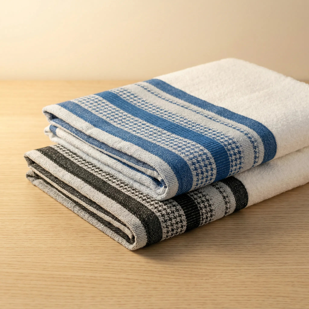 luxurious deep pile Terry kitchen or bath towels with houndstooth border one in blue and one in black, folded and stacked on a wooden surface from Hem And Tassel 