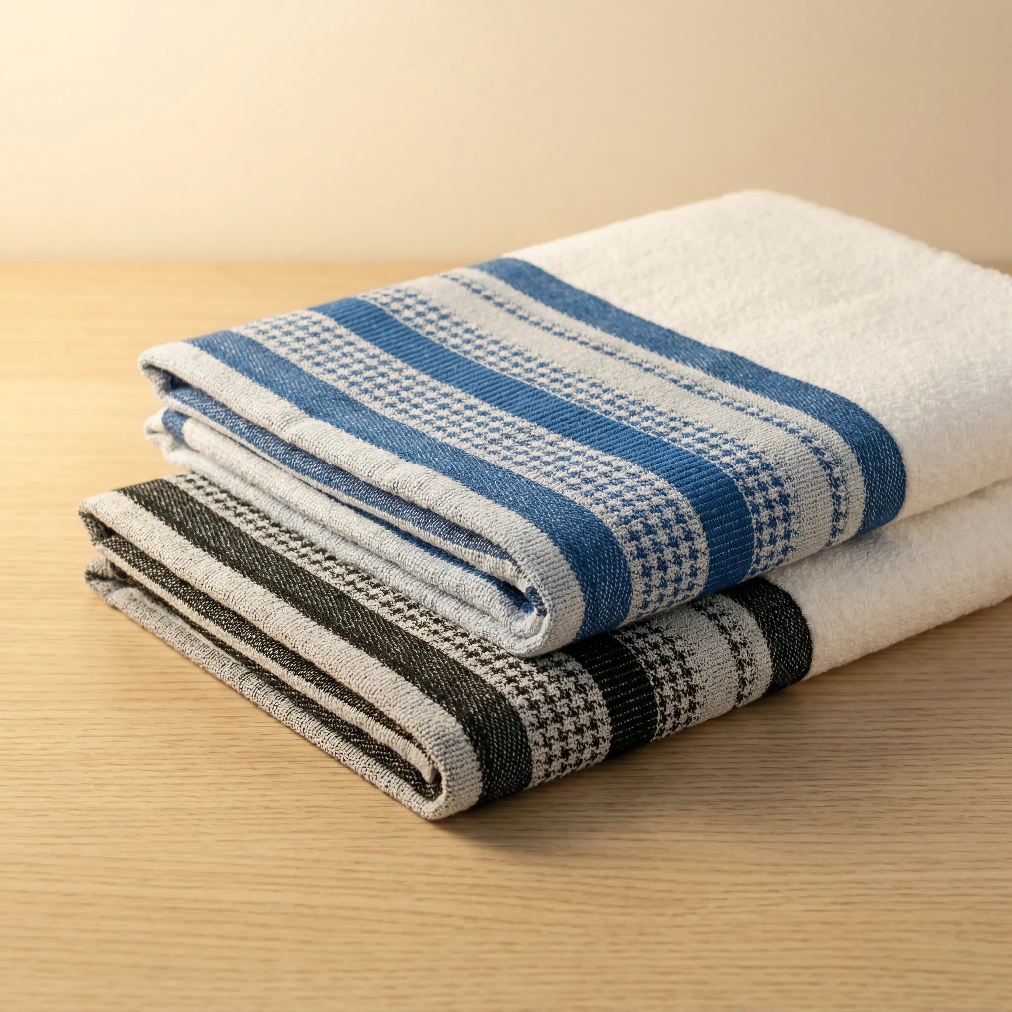luxurious deep pile Terry kitchen or bath towels with houndstooth border one in blue and one in black, folded and stacked on a wooden surface from Hem And Tassel 