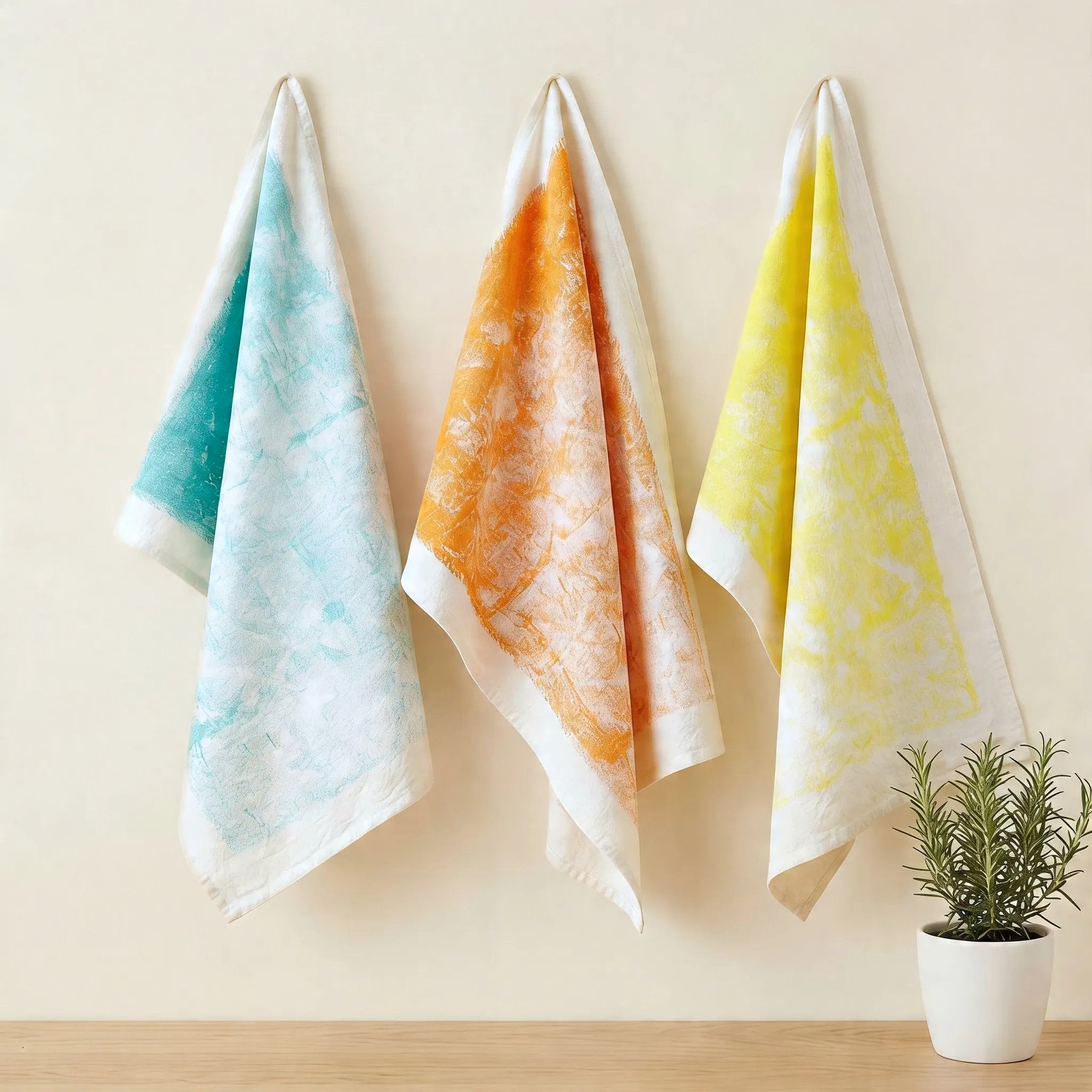Retro colorful tie-dye kitchen towels of 100% cotton - in pastel yellow, orange and teal, hanging against a cream colored backdrop from Hem And Tassel 