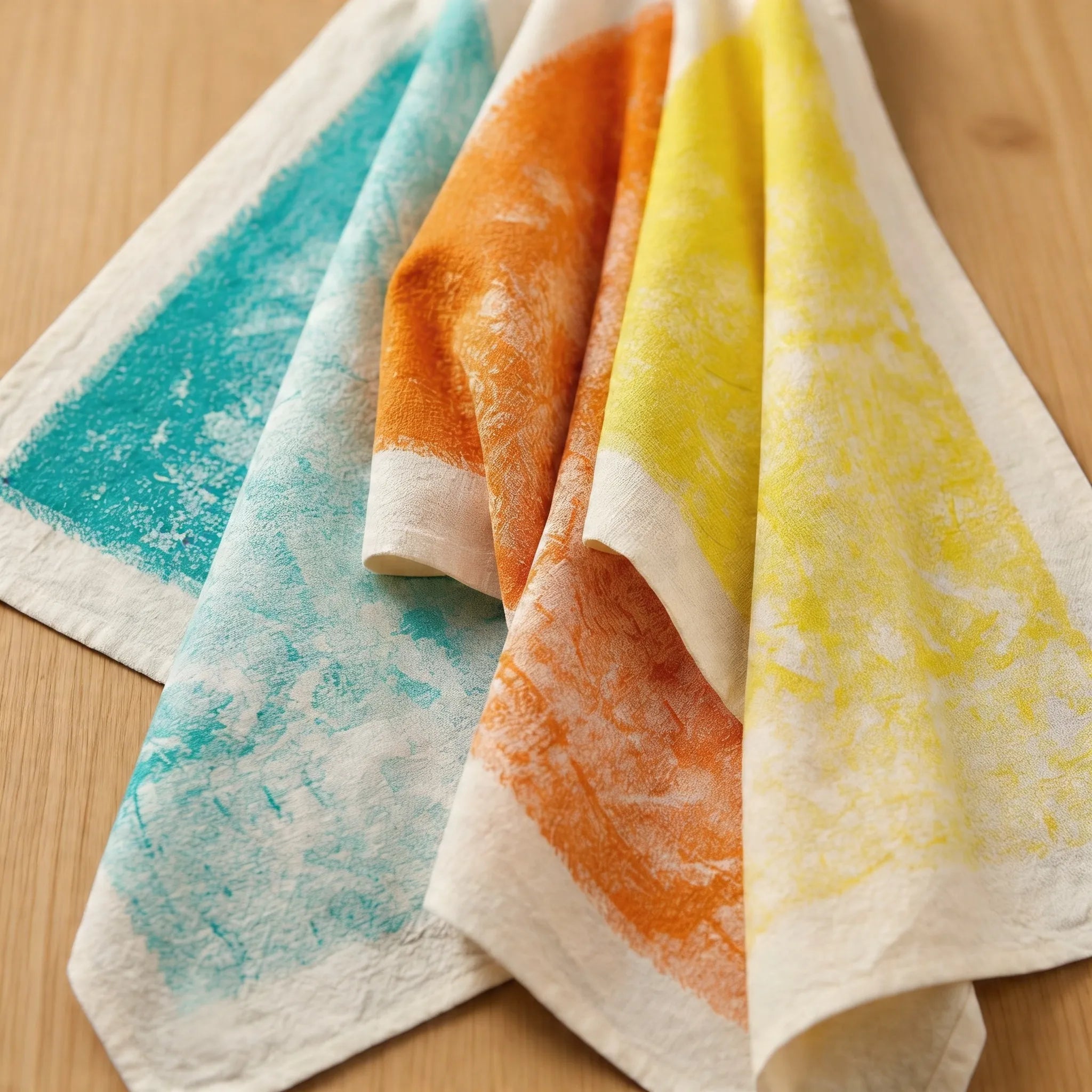 Retro colorful tie-dye kitchen towels of 100% cotton - in pastel yellow, orange and teal, close up on a wooden surface from Hem And Tassel 