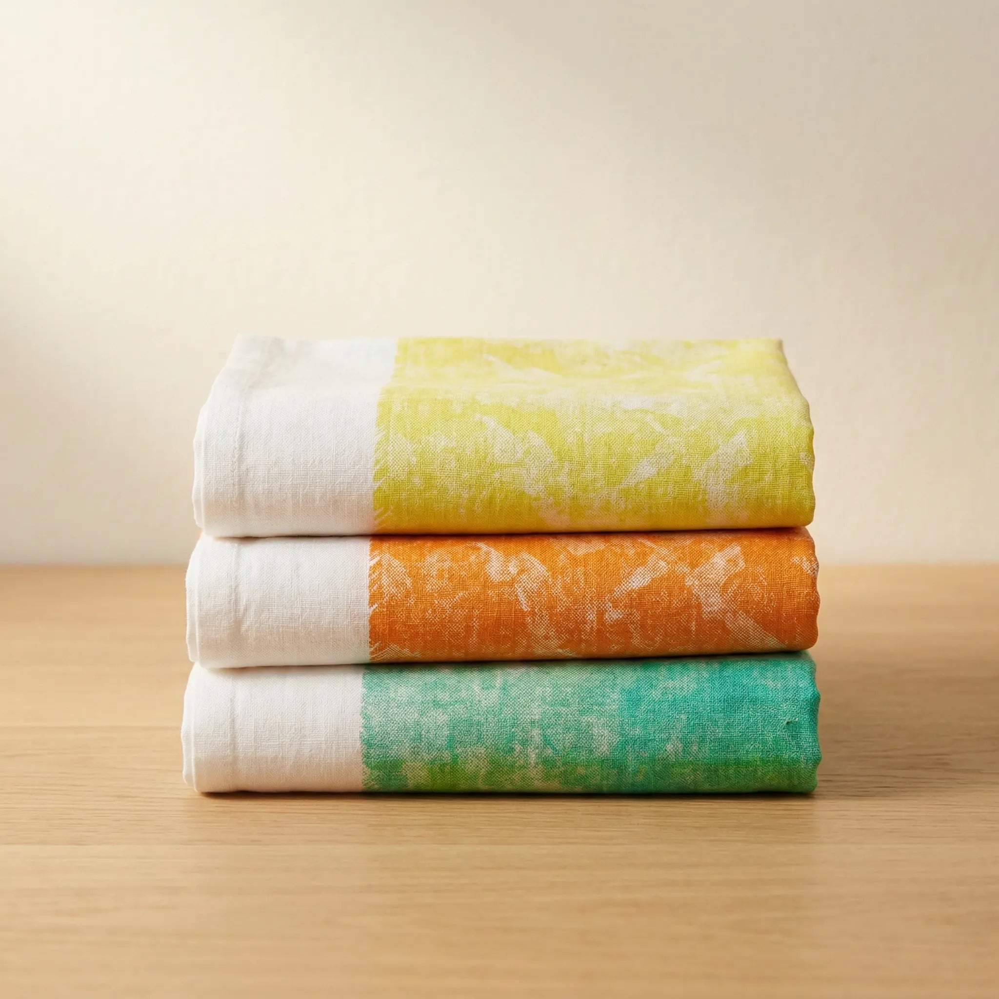 Retro colorful tie-dye kitchen towels of 100% cotton -  in pastel yellow, orange and teal, stacked on a light color wooden surface from Hem And Tassel 