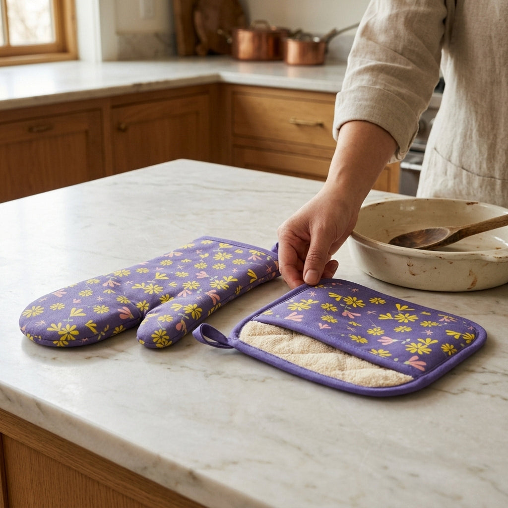 purple oven mitt and pot holder with Terry lining from the shy dragonfly collection, on a marble kitchen counter with a woman getting read to pick up the pot holder from Hem And Tassel