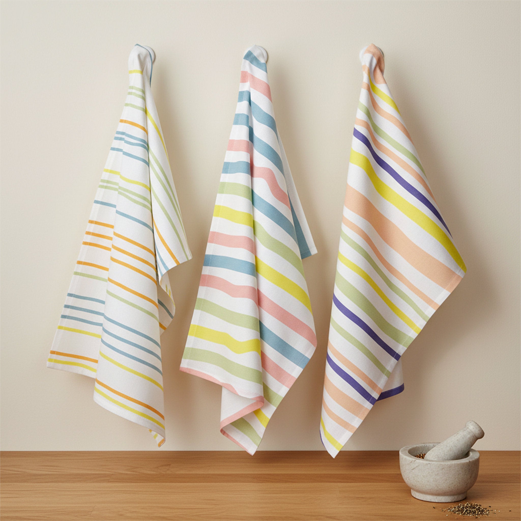 Spring colors stripes in narrow, medium and broad widths on 3 cotton kitchen towels hanging on a beige wall with a mortar and pestle and grains on a wood counter below from Hem And Tassel 