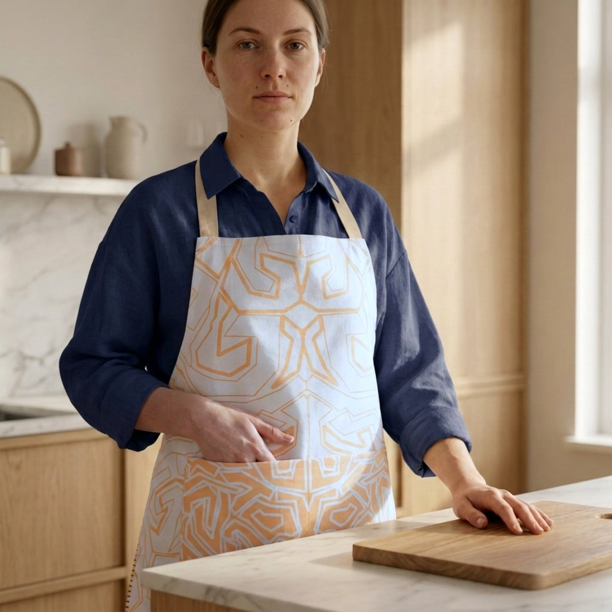 A woman wearing a navy blue shirt and a white apron with a buff maze-like geometric pattern stands in a bright kitchen next to a wooden cutting board.
