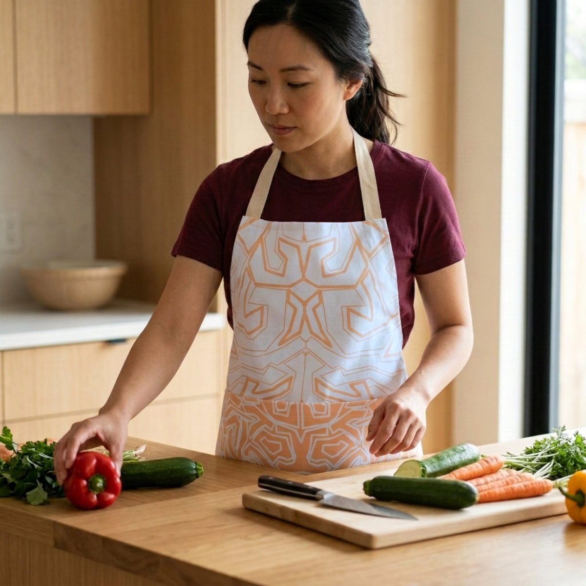 A woman wearing a white apron with a buff maze-like geometric pattern stands in a kitchen, preparing vegetables on a wooden counter.